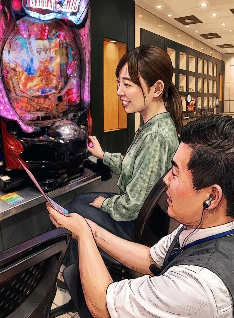 パチンコ台に向かうお客様とスタッフの様子